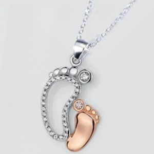 Valentine Gift Idea Mother and Baby Footprint Pendant Necklace w/ 1Ct CZ Diamond